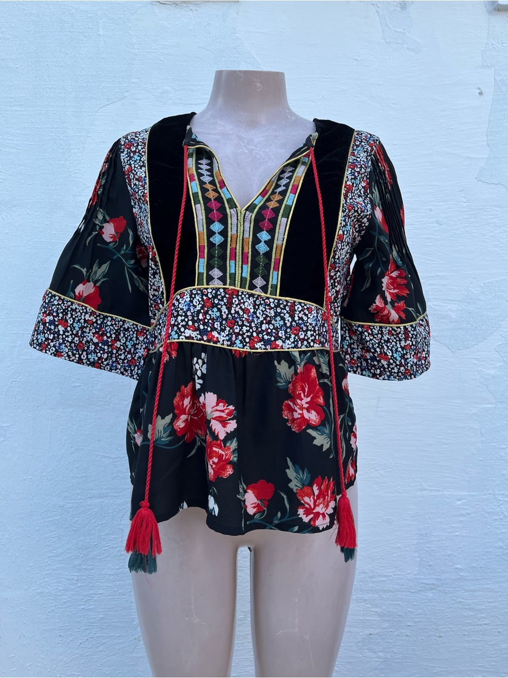 Banjara Black Floral Embroidered Boho Blouse with Red Tassels